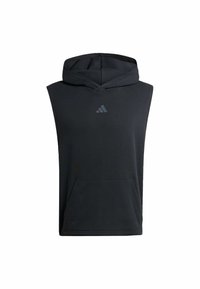 Schwarzer ärmelloser Hoodie aus weichem Stoff. Verfügt über eine Kängurutasche vorne und eine Kapuze mit Kordelzug. Graues Adidas-Logo auf der Brust.