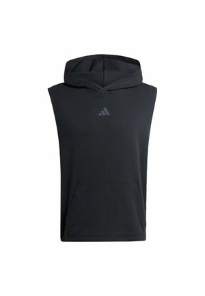 Black sleeveless hoodie made of soft fabric. Features a front kangaroo pocket and a drawstring hood. Adidas logo in grey on chest.