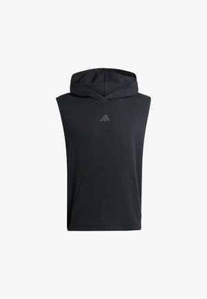 Black sleeveless hoodie made of soft fabric. Features a front kangaroo pocket and a drawstring hood. Adidas logo in grey on chest.