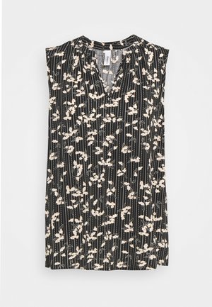 Blouse sans manches noire avec un col en V, présentant un motif floral en blanc et rose, avec des rayures verticales, fabriquée en tissu léger.