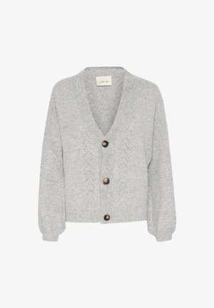 Cárdigan de punto gris claro con escote en V, que presenta tres botones marrones prominentes y puños acanalados, mostrando un patrón texturizado.
