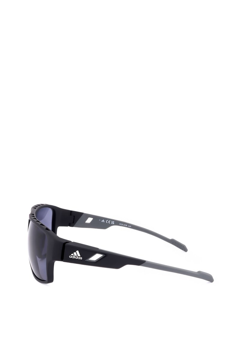 Black Adidas sports sunglasses with wraparound dark lenses and a sleek gray temple design.