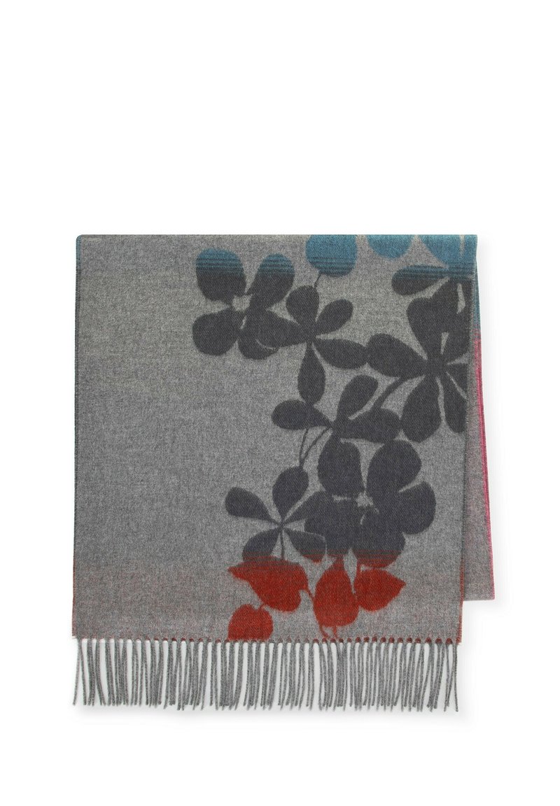 Écharpe grise à motifs avec un design floral en bleu marine, teal et rouge, présentant des franges le long du bord inférieur. Texture douce.