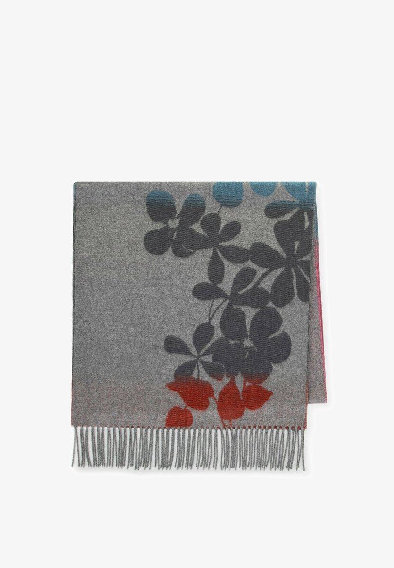 Écharpe grise à motifs avec un design floral en bleu marine, teal et rouge, présentant des franges le long du bord inférieur. Texture douce.