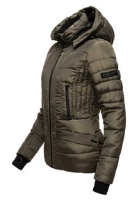 Padded olive green jacket with a detachable hood, zippered pockets, ribbed cuffs, and a mix of smooth and quilted textures.