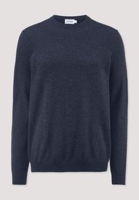 Marineblauer Rundhalsausschnitt-Pullover aus weichem Stoff, mit langen Ärmeln und geripptem Saum sowie Bündchen. Einfaches, schmuckloses Design.
