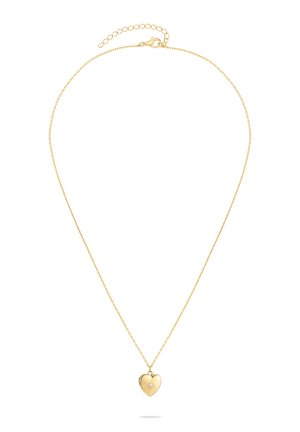 Goldenes Medaillon in Herzform an einer dünnen, filigranen Kette. Vorne mit einem kleinen dekorativen Stein verziert. Verstellbarer Verschluss mit Gliedern.