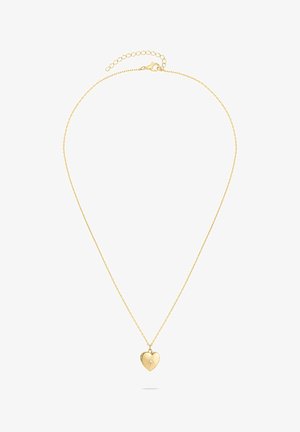 Guld hjerteformet medaljon vedhæng på en tynd, delikat kæde. Har en lille dekorativ sten på forsiden. Justerbar lås med led.
