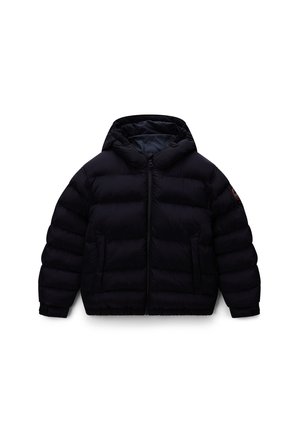 Doudoune noire avec capuche, dotée d'une fermeture éclair, d'un design matelassé et de poches latérales. Texture lisse et poignets élastiques pour un ajustement parfait.