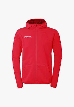 Czerwona kurtka z pełnym zamkiem, kapturem, długimi rękawami, przednimi kieszeniami i białym logo "uhlsport" na lewej piersi.