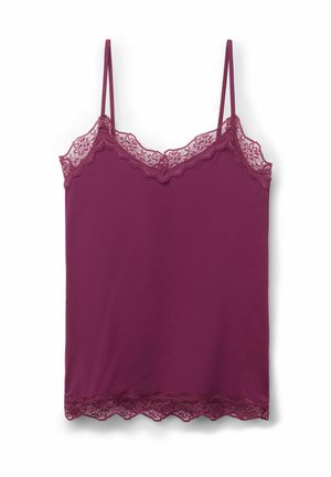 Bordeaux camisole met verstelbare spaghettibandjes. Bevat een geschulpte bloemenkant rand langs de halslijn en zoom voor extra detail.