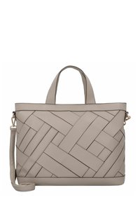 Beige gewebte Handtasche mit oberen Griffen und einem verstellbaren Riemen, die eine glatte Textur und gestickte Details aufweist.