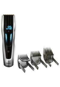 Philips haartrimmer in zilver en zwart met een LCD-display. Inclusief drie grijze kambevestigingen voor verschillende kniplengtes.