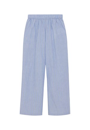 Blå og hvide brede bukser med striber og elastisk talje, lavet i letvægtsstof og med en afslappet pasform.