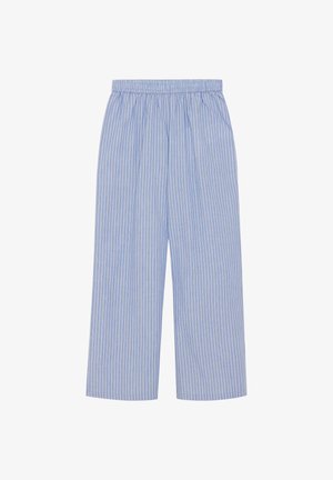 Pantalones de pierna ancha a rayas azul y blancas con cintura elástica, confeccionados en un tejido ligero y con un ajuste relajado.