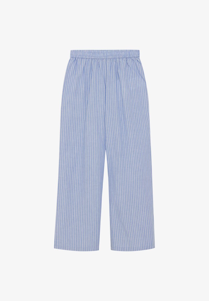 Niebiesko-białe szerokie spodnie w paski z elastycznym pasem, wykonane z lekkiego materiału i o luźnym kroju.