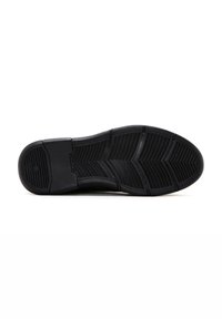 Suela de zapatilla de goma negra con patrón de zigzag texturizado y ranuras horizontales, que presenta un diseño de punta redondeada y un tacón plano.