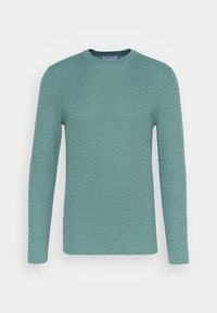 Jersey de cuello redondo en color verde azulado, con un patrón de tejido texturizado y mangas largas. Puños y dobladillo acanalados completan el diseño.