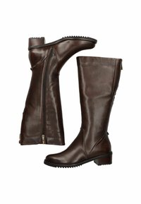 Botas altas de cuero marrón hasta la rodilla con cremallera lateral, caña texturizada y tacón cuadrado que cuenta con una suela estampada para mayor agarre.