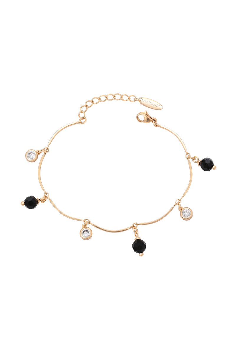 Bracciale a catena in tono d'oro che presenta quattro elementi pendenti: due perle nere e due dettagli in cristallo trasparente, progettato con una chiusura a gancio.