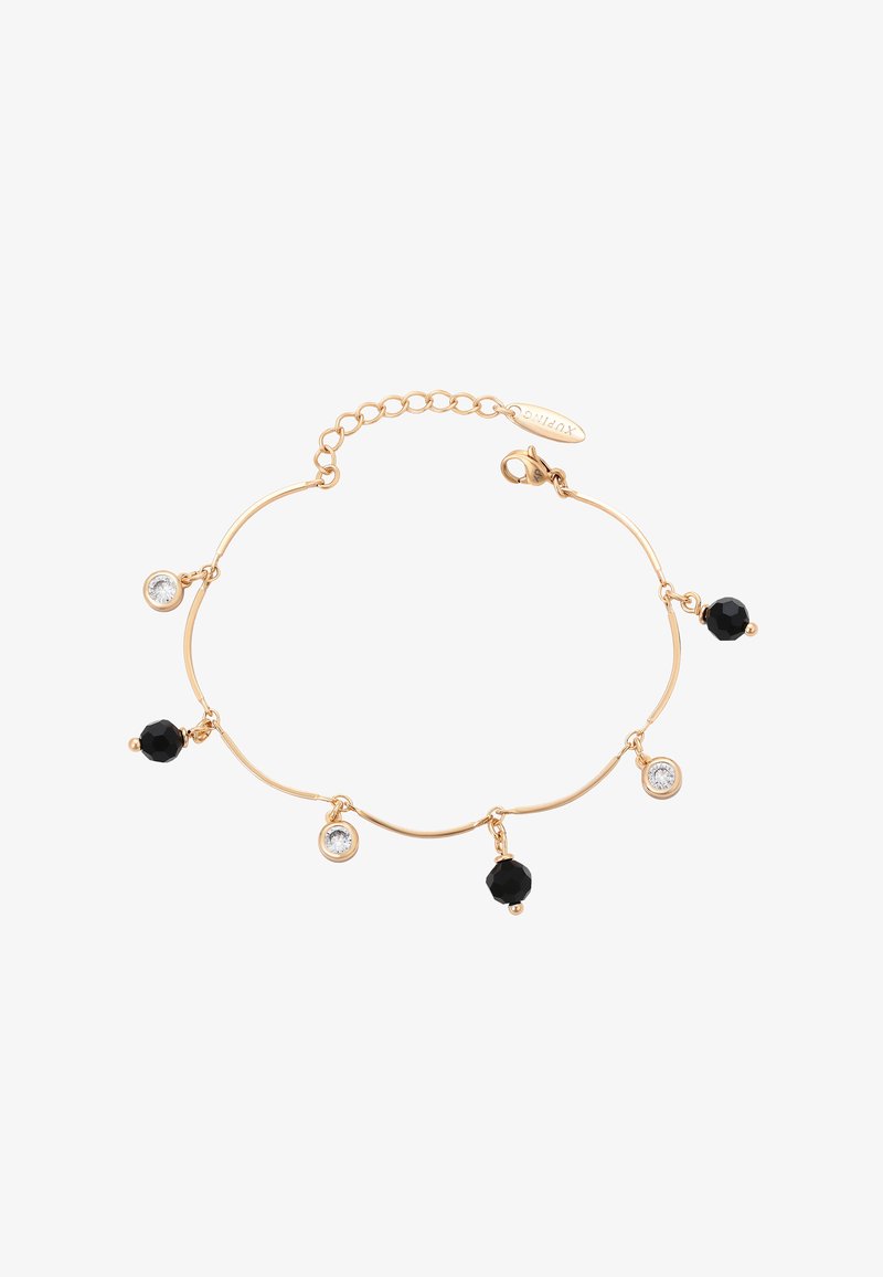 Bracciale a catena in tono d'oro che presenta quattro elementi pendenti: due perle nere e due dettagli in cristallo trasparente, progettato con una chiusura a gancio.