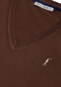 Pull marron à col en V en tissu doux, avec un col côtelé et un petit logo argenté sur le côté gauche de la poitrine.