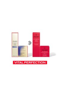 Produits de soin Shiseido Vital Perfection : boîtes rouges avec des accents dorés et argentés, design élégant et rectangulaire, étiquetés clairement.