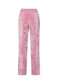 Roze tie-dye loungebroek van zacht materiaal, met een brede elastische tailleband en een rechte pijpdesign, met een gladde textuur.