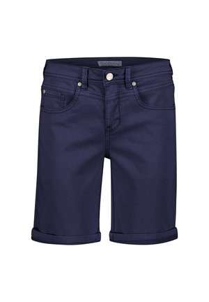 Mørkeblå denimshorts med en tætsiddende pasform, opfoldet kant, fem lommer og sølvfarvede knapdetaljer ved taljen.