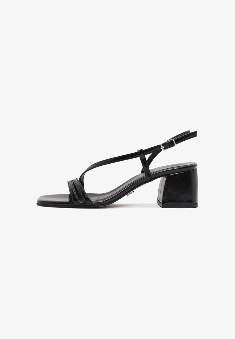 Black leather heeled sandal featuring two front straps, a buckle closure, and a square toe design with a block heel. Smooth texture.