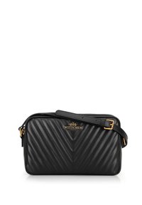 Black quilted handbag with chevron pattern, gold hardware accents, and a detachable strap. Compact rectangular shape, zipper closure.