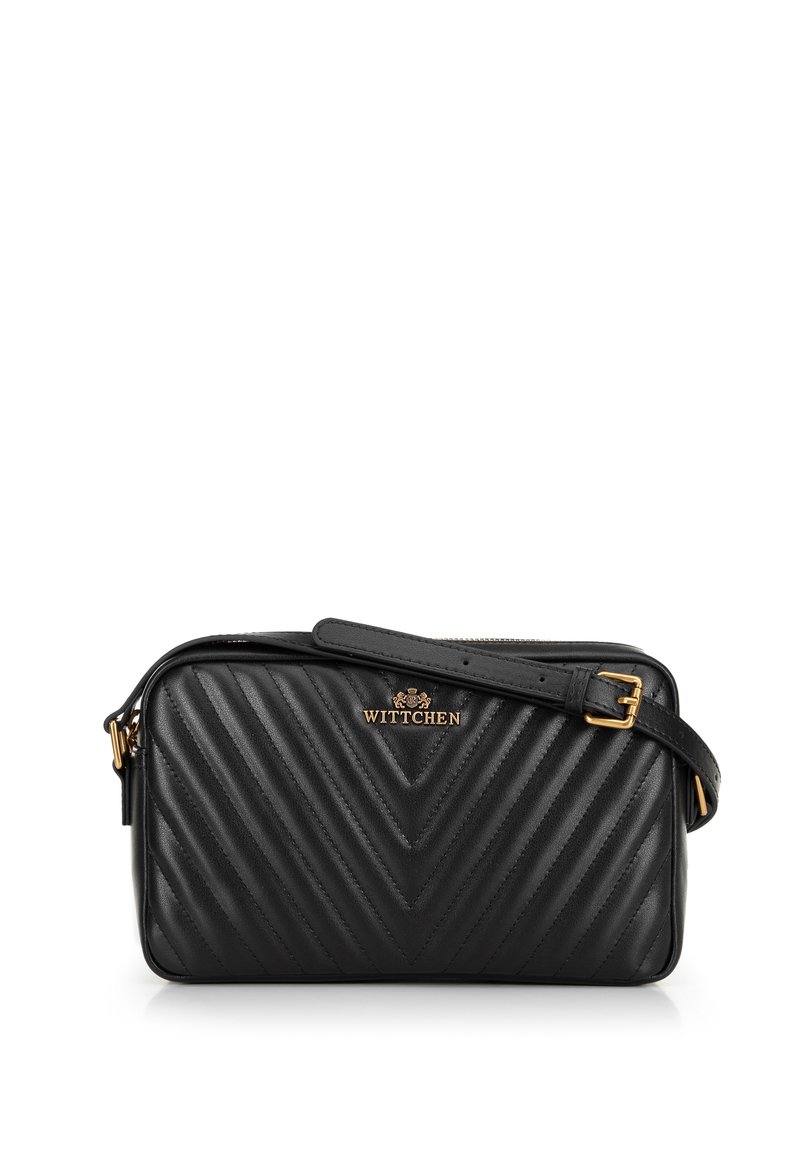 Black quilted handbag with chevron pattern, gold hardware accents, and a detachable strap. Compact rectangular shape, zipper closure.