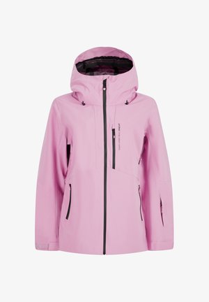 Lichtroze waterdichte jas met capuchon, zwarte ritsen, borstzak en zijzakken, ontworpen voor buitenactiviteiten.