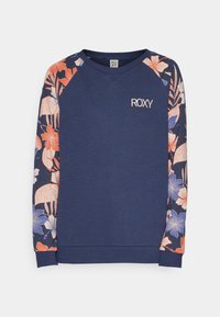 Sweat-shirt marine avec manches longues à motif floral en orange, rose et bleu, avec le logo "ROXY" sur la poitrine.