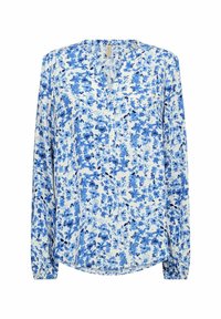 Bluzka z długim rękawem z białego materiału z niebieskim kwiatowym wzorem. Posiada kołnierzyk i guziki z przodu. Miękka, lekka tekstura.