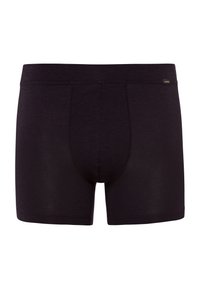 Black cotton boxer briefs with a smooth texture, featuring a fitted design, elastic waistband, and minimal stitching details.