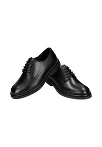 Paar schwarze Herrenschuhe aus Leder mit Schnürverschluss, glatter Oberfläche und abgerundeten Zehen auf weißem Hintergrund.