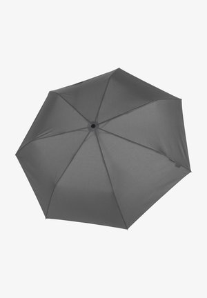 Gray umbrella with a smooth fabric surface, eight panels, a central hub, and black hardware. Closed shape is round.