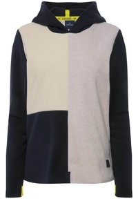 Felpa con cappuccio caratterizzata da un design patchwork nei toni blu navy, crema e grigio, realizzata in morbido materiale felpato con un'etichetta decorativa sull'orlo.