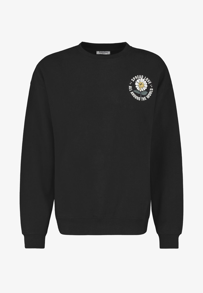 Black cotton sweatshirt with crew neck, ribbed cuffs, and hem. Features white printed text and a colorful floral design on the left chest.