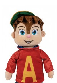 Plush doll with short brown hair, blue eyes, and round face. Wears a red shirt with a yellow "A" and a green cap. Soft fabric texture.