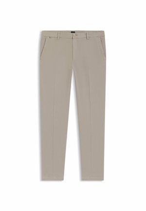 Beige straight-leg pants made of a smooth fabric, featuring two front pockets, a button closure, and minimal stitching details.