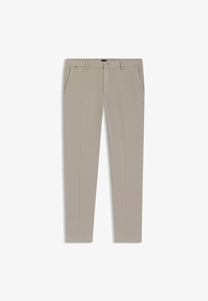 Beige rechte broek van een gladde stof, met twee voorzakken, een knoopsluiting en minimale stikdetails.