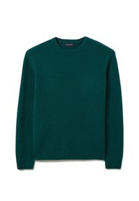 Türkisfarbener Pullover mit Rundhalsausschnitt, strukturierter Strickmusterung sowie gerippten Bündchen an Ärmeln und Saum. Innen am Kragen befindet sich ein Markenetikett.