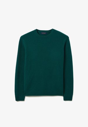 Teal crewneck sweater with a textured knit pattern and ribbed cuffs and hem. Features a brand tag inside the neckline.