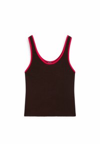 Bruine geribde tanktop met brede schouderbanden en contrasterende roze rand rondom de halslijn en armsgaten. Zachte textuur en aansluitend ontwerp.