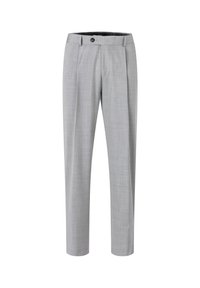 Light gray tailored trousers made of textured fabric, featuring front pleats and a single button closure at the waist.
