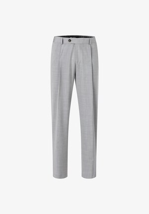 Light gray tailored trousers made of textured fabric, featuring front pleats and a single button closure at the waist.