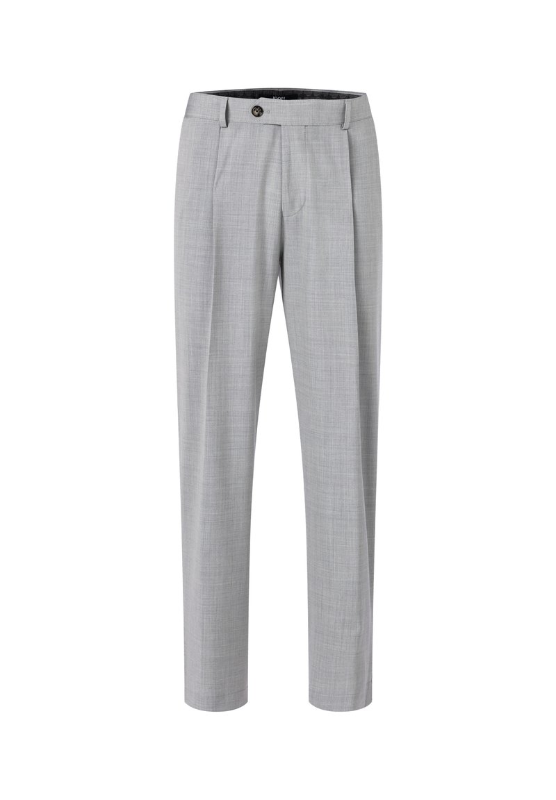 Light gray tailored trousers made of textured fabric, featuring front pleats and a single button closure at the waist.