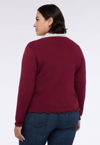 Bordový svetr s dlouhými rukávy, žebrovanými manžetami, vlněným lemem a bílým detailem na límci. Zobrazený ze zadní strany, s džíny.